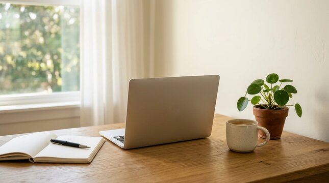 Minimalist Home Office Workspace Featuring a Laptop Notebook and Potted Plant on a Wooden Desk by a Sunny Window