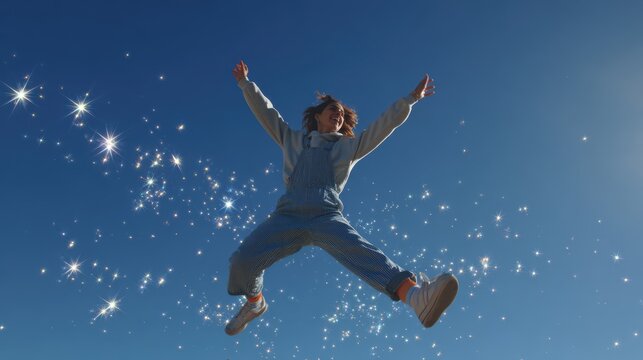 Woman jumping high into deep blue sky surrounded by shimmering star particles.