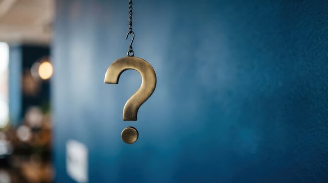 Metal question mark hanging on chain against blue wall