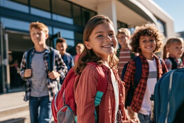 Obraz premium Young Students Walking Into School with Backpacks and Books