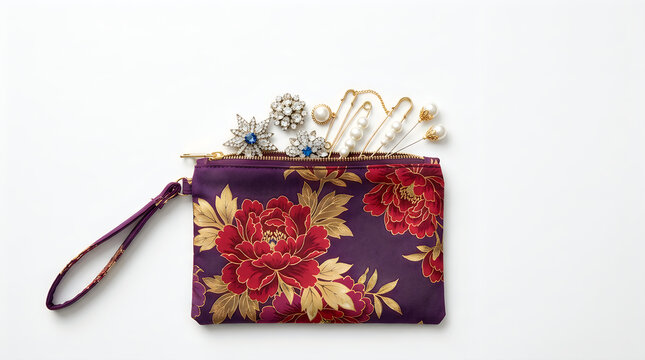 Floral pattern cosmetic pouch with makeup accessories