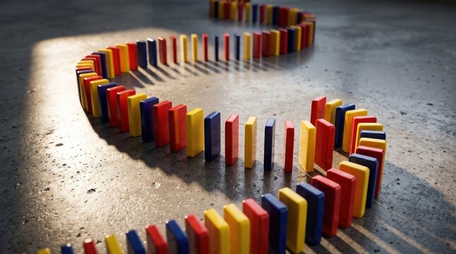 Colorful Dominoes in Winding Row on Concrete Floor, Chain Reaction Concept