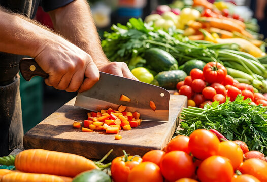 Healthy eating and fresh food preparation, chef chopping vegetables on a cutting board at a farmers market