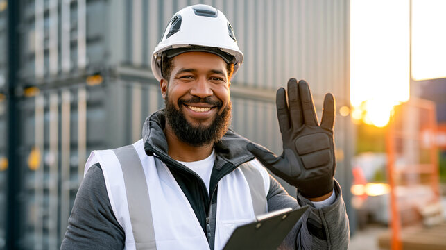 Smiling African American logistics worker wearing white hard hat and safety vest waving hand, holding clipboard against container terminal background at sunset