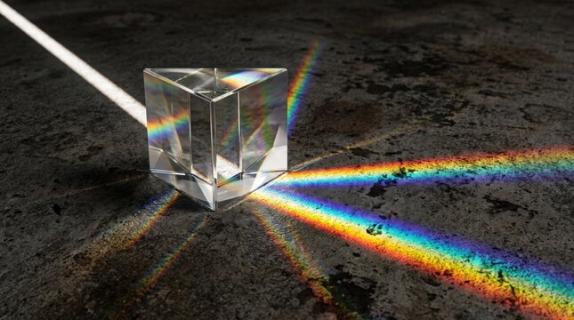 Optical Glass Prism Refracting White Light Beam into Rainbow Spectrum on Dark Stone Background