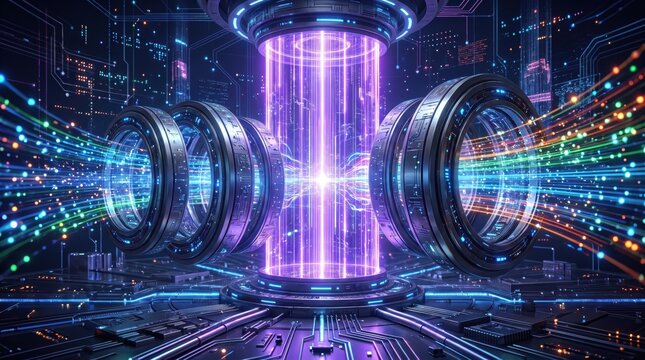 Futuristic Fusion Reactor Core with Glowing Purple Energy and Data Streams