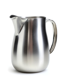 Stainless steel milk frothing pitcher isolated on a clean white background, showcasing smooth metallic textures, brushed steel reflections and ergonomic handle