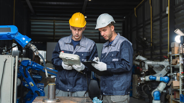 Two Factory maintenance specialists checking equipment condition While Inspecting an Industrial Robot on the Production Floor Scene 288