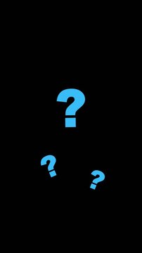 Vertical corporate blue question marks floating animation on dark black background social motion graphics video overlay element