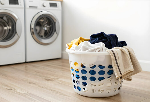 Laundry day and household chores, white plastic basket full of dirty clothes in a modern laundry room with washing machines