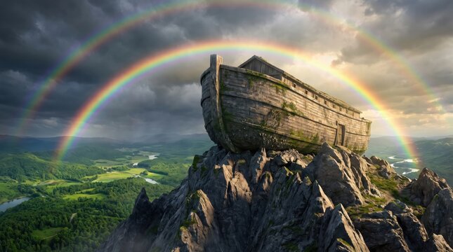 Noah's Ark Resting on Mountain Peak with Double Rainbow and Dramatic Sky