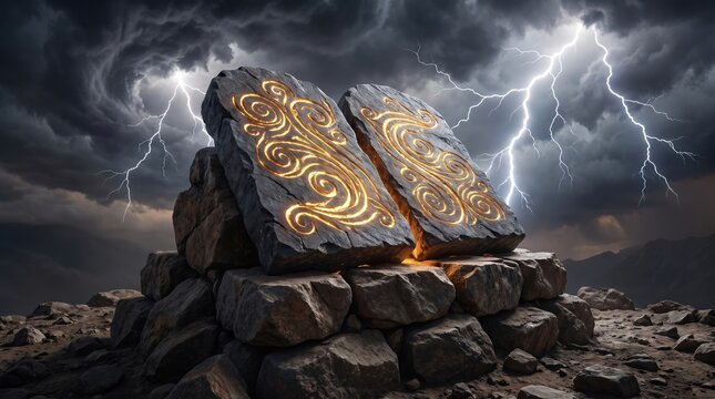Ten Commandments Stone Tablets with Glowing Golden Inscriptions on Rocky Altar under Stormy Lightning Sky