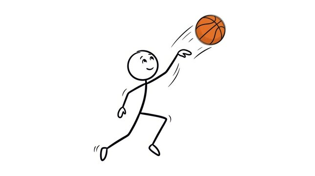 Minimalist stick figure playing basketball, hand drawn athlete shooting a ball, simple line art sports illustration on white
