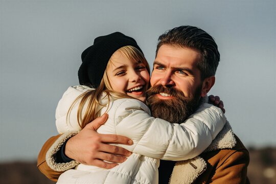 Father and daughter share warm hug outdoors. Girl smiles, wearing a black beanie and white puffer jacket. Bearded dad in brown coat looks away with joy. Family bond.