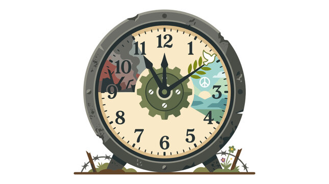 Conceptual clock illustration representing balance between global conflict and peaceful harmony