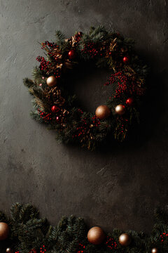 Traditional Christmas Wreath on Dark Brown Textured Background