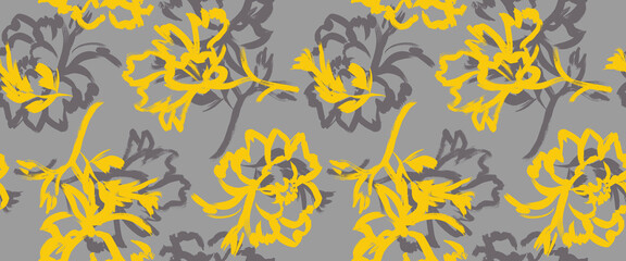 Seamless pattern with silhouettes of peonies flowers painted for textile and surface design. Summer motif with dynamic botanical composition © Марина Воюш
