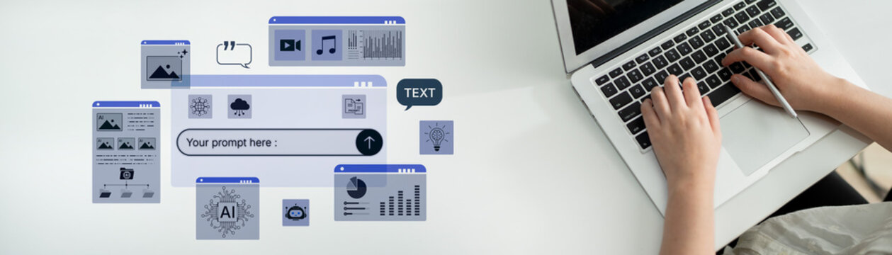 Prompt driven AI interface enabling text, image vision, audio and media video data neural asset and tool in smart creation chat workspace edit. Future NLP AI native visual reasoning omni model. Corpus