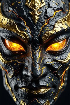 Black stone mask features glowing orange eyes, gold ornate patterns. Ancient carved visage radiates magical energy with intense light. Mysterious tribal face sculpture stands for mythology rituals.