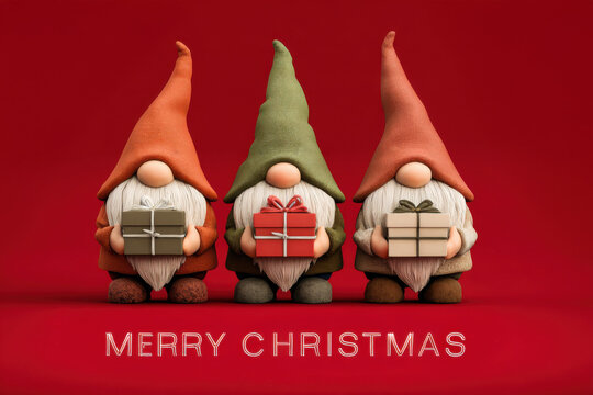 Cute Christmas Gnomes Holding Presents. Christmas-themed design featuring cute gnomes (Tomte or Nisse) holding wrapped gifts.