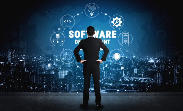 Business professional standing confidently in front of a software development concept with digital icons representing technology, teamwork, and innovation in a cityscape Quark.