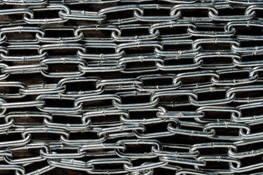 Shiny metal chain texture full frame background, closeup. Full frame view of horizontal rows of heavy steel metal chain links concept of strength security and connection