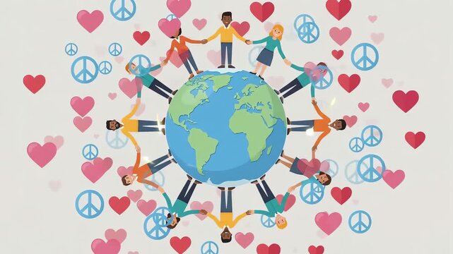 Diverse group of people holding hands around the planet earth with peace symbols and hearts.