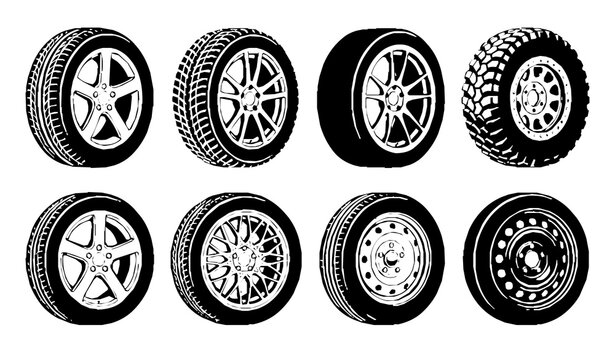 Car Wheels Tires and Alloy Rims Black Silhouette Vector Icon Collection