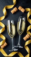 Fototapeta premium Two champagne glasses with bubbly drink and gold ribbons. Corks suggest party starting soon. Festive setting for special event. Cheers for good times ahead.