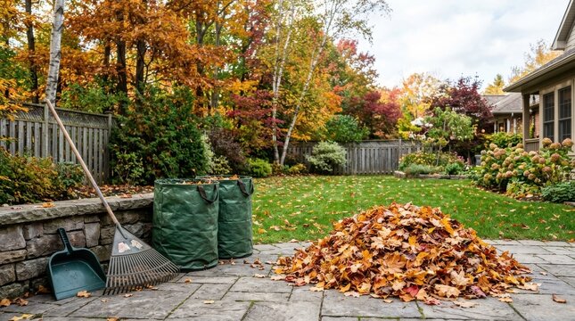 Autumn leaves in yard with rake and leaf bags ready for cleanup.