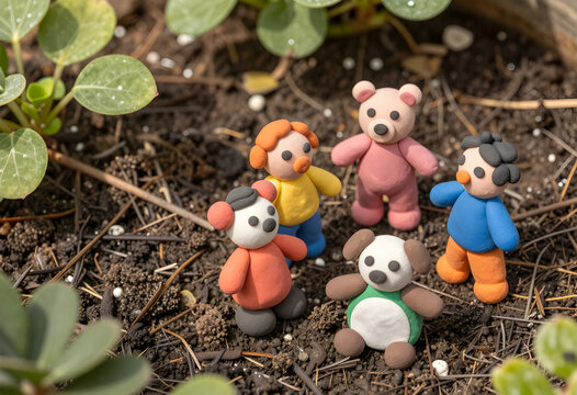 Childhood education and creative play, colorful clay figures of people and animals in a garden setting