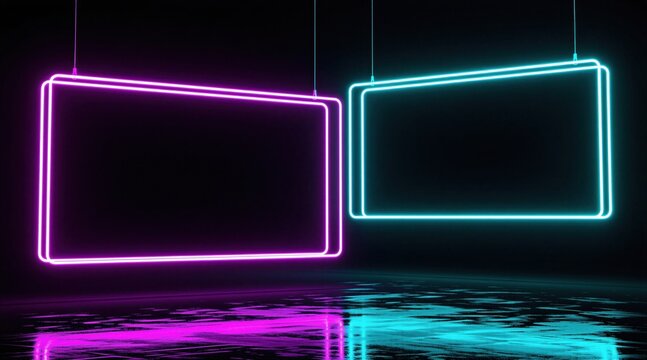 Glowing pink, blue neon rectangles hang in dark space. Electric frames shine above wet black floor with bright reflection. Minimalist geometric structures light up abstract void. Modern futuristic