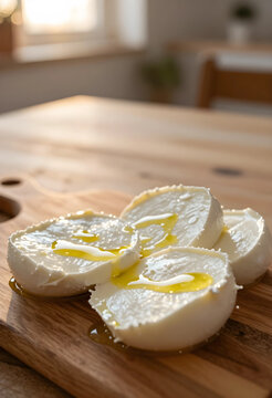 Fresh mozzarella cheese slices with olive oil on a wooden cutting board, healthy italian food and mediterranean diet