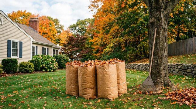 Autumn yard cleanup with paper leaf bags and rake on green lawn near suburban house.
