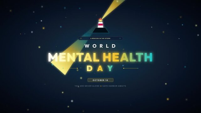 World Mental Health Day Animated Greeting with Lighthouse Shining Light in Dark Sky