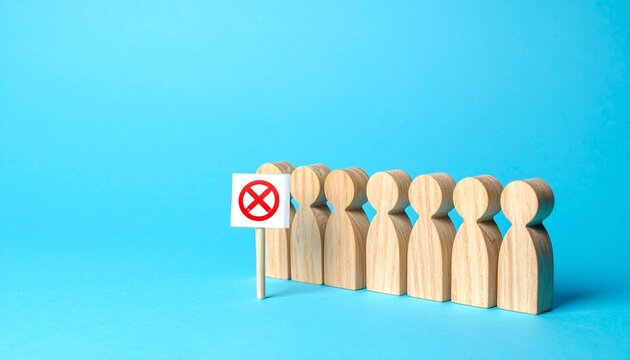 Wooden Peg Figure Holding Red Prohibition Cross Sign Standing Apart from Row of Figures for Disagreement, Protest, Rejection, and Voting Against Concept