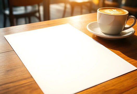 Creative inspiration and blank canvas concept, coffee cup with latte art and empty white paper on a wooden table