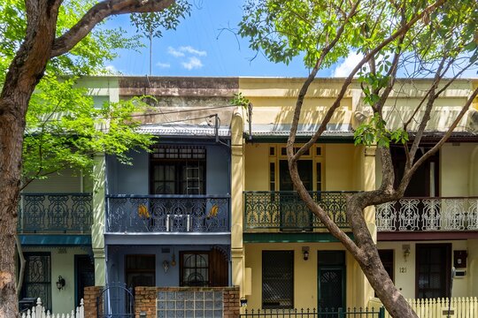 Sydney terrace houses with colorful facades and balconies