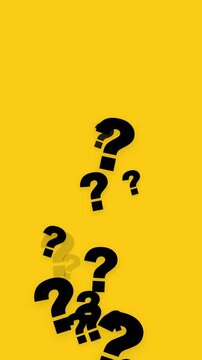 Vertical bold black question marks stream rising animation on yellow background vibrant motion graphics video overlay