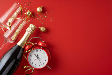 Fototapeta premium Happy New Year 2027 celebration with champagne bottle, glasses and red alarm clock on festive background