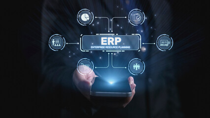 Obraz premium ERP platform visual showing centralized system for enterprise resource planning, improving integration, data flow, business efficiency, finance, inventory, and human resources. Elide