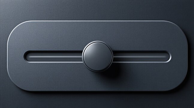 Matte dark grey slider control with rounded edges, central circular knob. Modern interface element for adjustment of volume brightness settings in digital applications. Sleek minimalist design