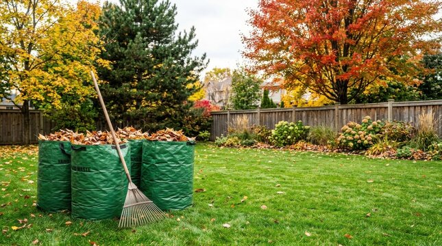 Multiple green garden waste bags with autumn leaves and rake on grass.