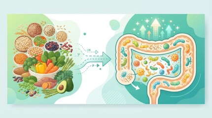 Naklejka premium Healthy foods are shown on one side with benefits to gut health illustrated on the other side. This highlights nutrition impact on health.