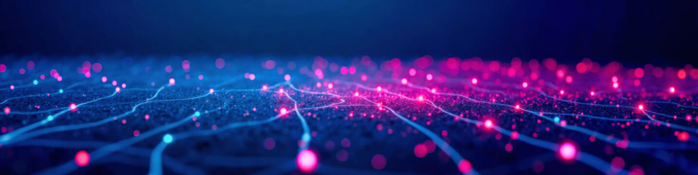 Digital connection concept banner featuring glowing cyan and magenta network lines with illuminated dots. Abstract big data matrix background with sparkling nodes and dark surface texture