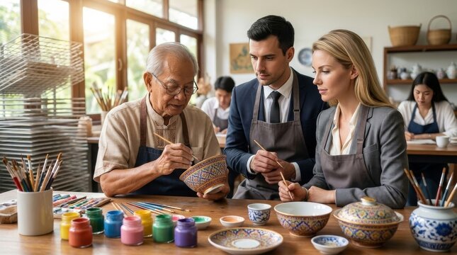 Thai Cultural Heritage: Senior Artisan Teaching Benjarong Painting