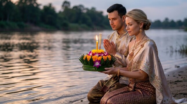 Teen Couple in Applied Thai Dress with Krathong at Riverside Dusk