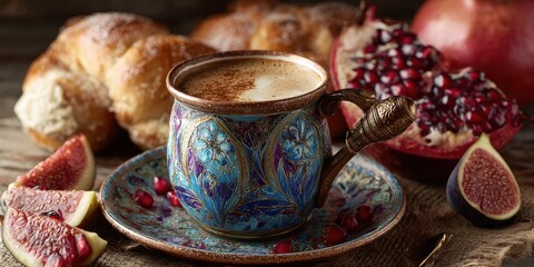 Fototapeta premium Culinary still life featuring an ornate coffee cup, serving pot, pastries, pomegranate, and bread, highlighting the cup