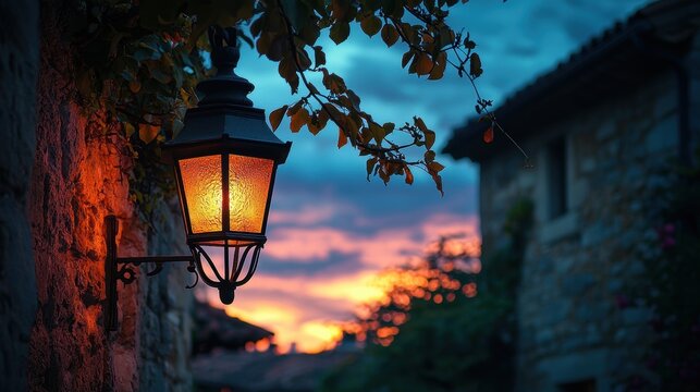A vintage street lamp stands out in silhouette against a twilight sky next to an old stone structure with some greenery
