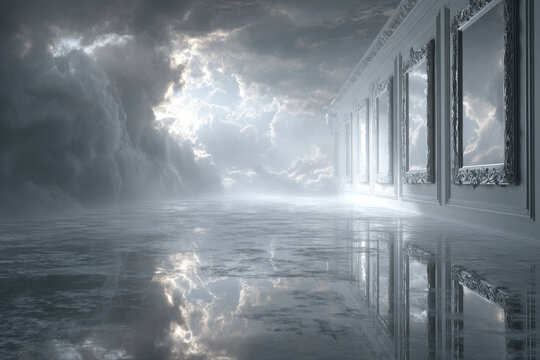 Dreamlike Hallway of Ornate Mirrors and Moody Sky Reflection. A mesmerizing, dreamlike composition featuring a mirrored hallway or gallery with ornate silver frames reflecting a stormy, cloudy sky.